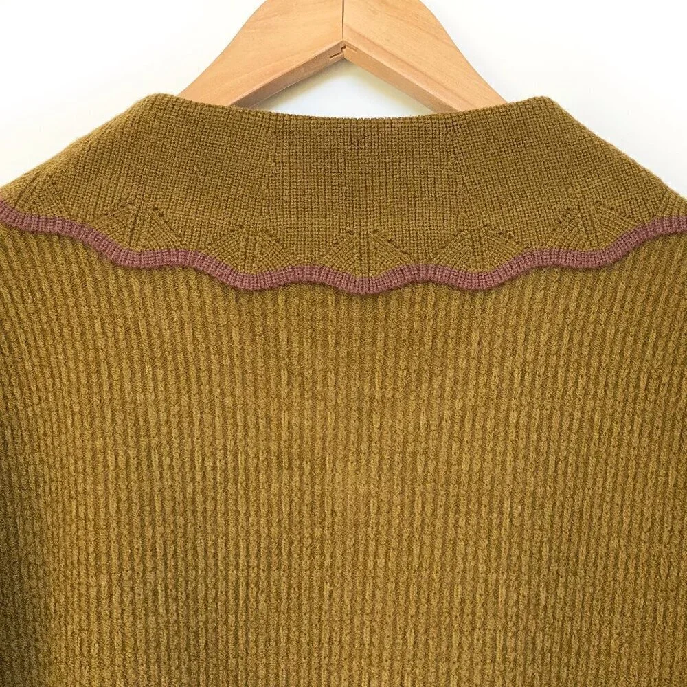 Olive Green Wool Blend Sweater White Mesh Balloon Sleeve S
